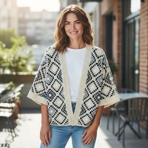 AZ Women’s Elegant‎ Cream, Black and Gray Geometric Kimono Cardigan OS *2158